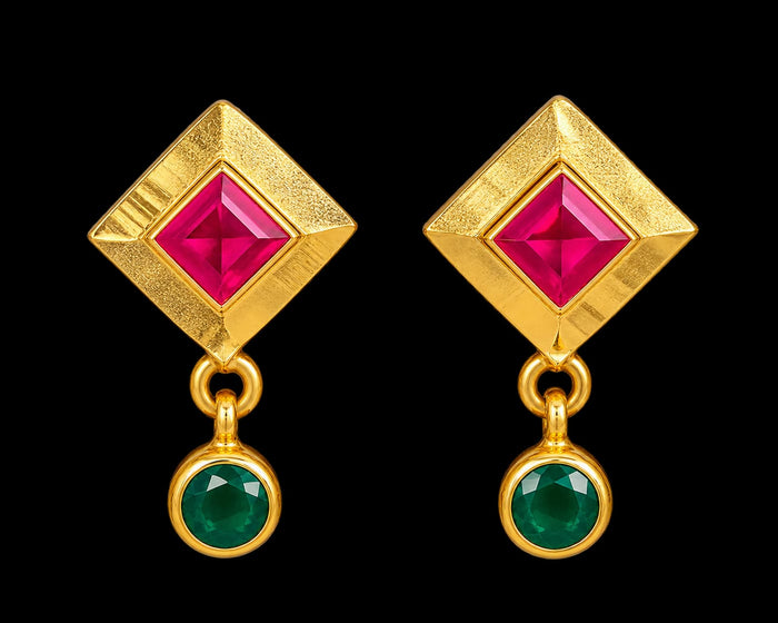 Ruby Square Studs with Emerald Drop | 22K · 4.11 g