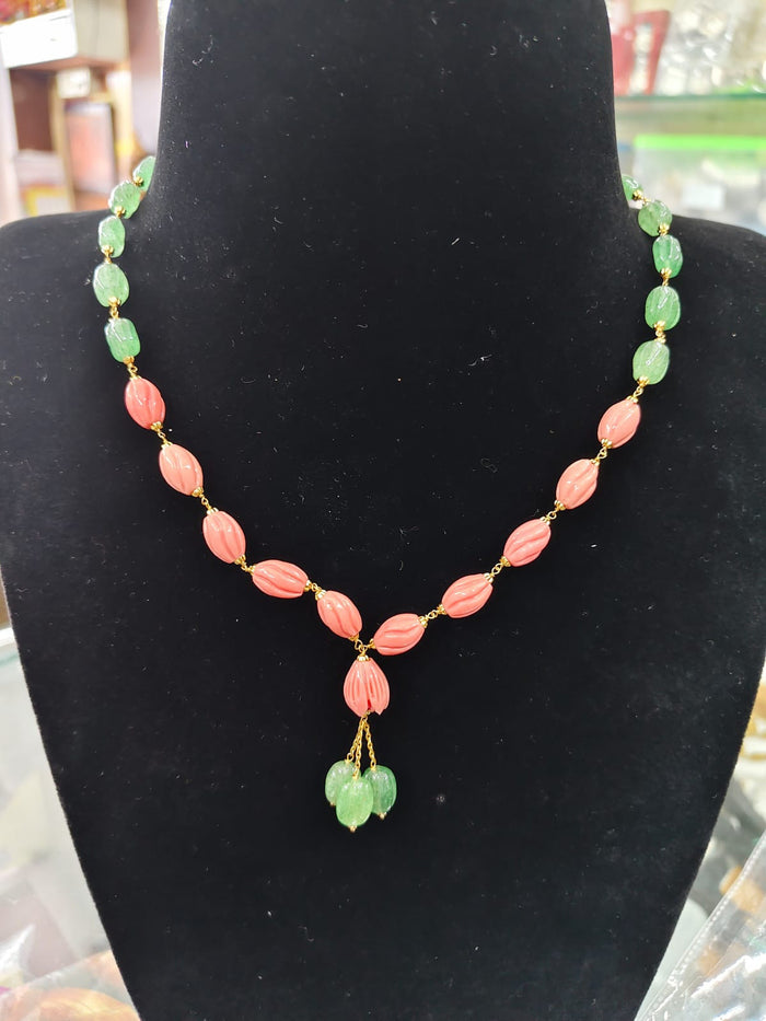 Peach Beads Chain with Green Drop | 22K · 4.53 g