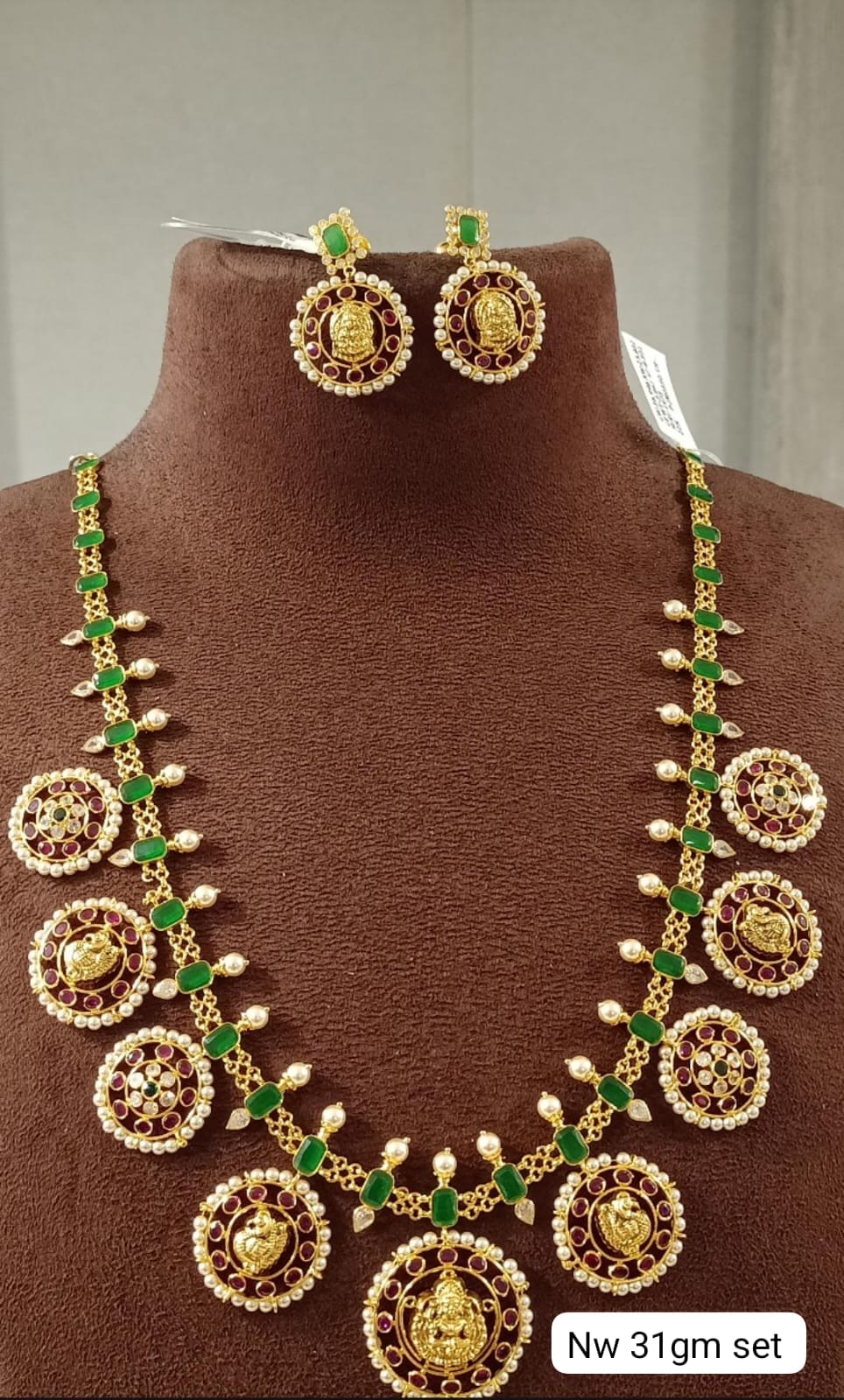 22K gold Lakshmi long haram set with matching earrings, 31 g net, BIS hallmarked