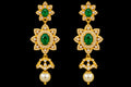 22K gold CZ flower earrings with green stones and pearl drop, 9.127 g