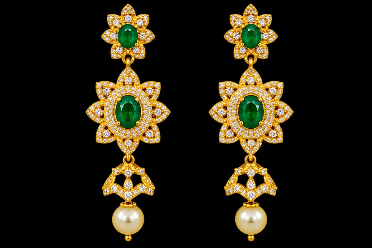 22K gold CZ flower earrings with green stones and pearl drop, 9.127 g