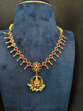 22K gold Lakshmi necklace with ruby stones, gold drops and green bead pendant, 12.68 g net
