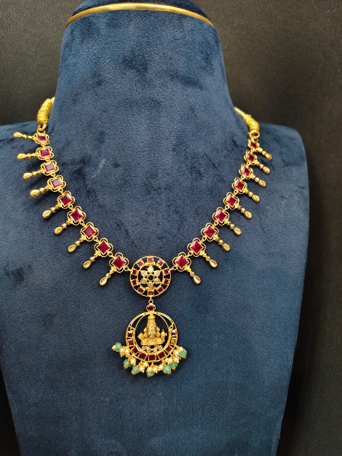 22K gold Lakshmi necklace with ruby stones, gold drops and green bead pendant, 12.68 g net