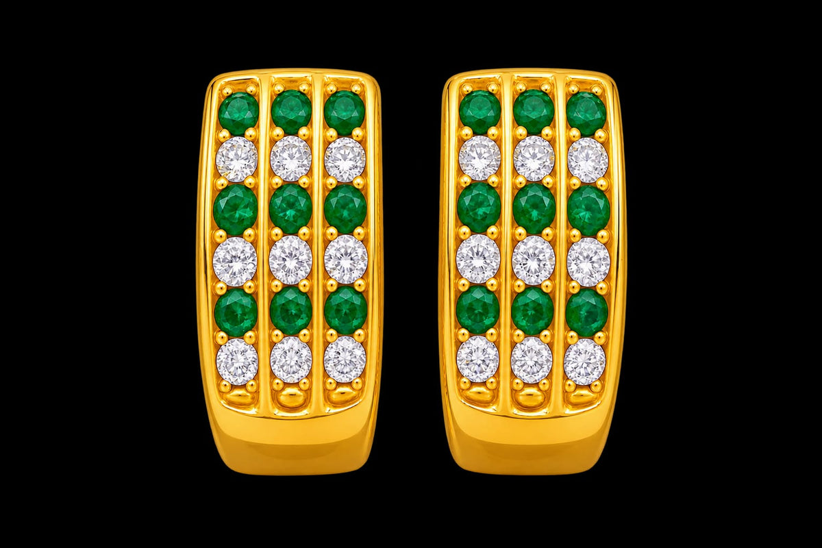 22K gold huggie earrings with green and white stones, 1.84 g