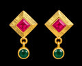 22K gold square ruby earrings with green stone drop, 4.11 g